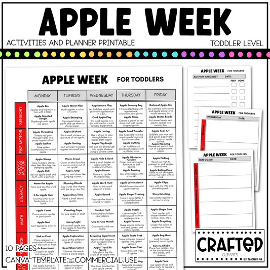 Editable Apple Week Activities and Planner Toddler Canva Template 2-4yo Summer