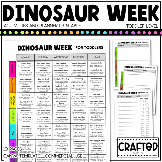 Editable Dinosaur Week Activities and Planner Toddler Canva Template 2-4yo