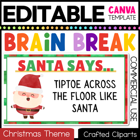 Editable Christmas Santa Says Virtual Brain Break Game Canva Template Slides