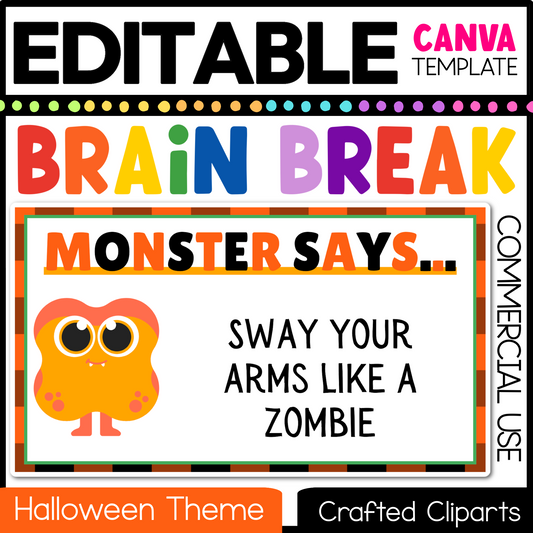 Editable Halloween Monster Says Virtual Brain Break Game Canva Template Slides