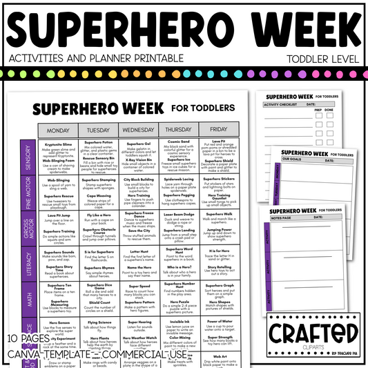 Editable Superhero Week Play Activities and Planner Toddler Canva Template 2-4yo
