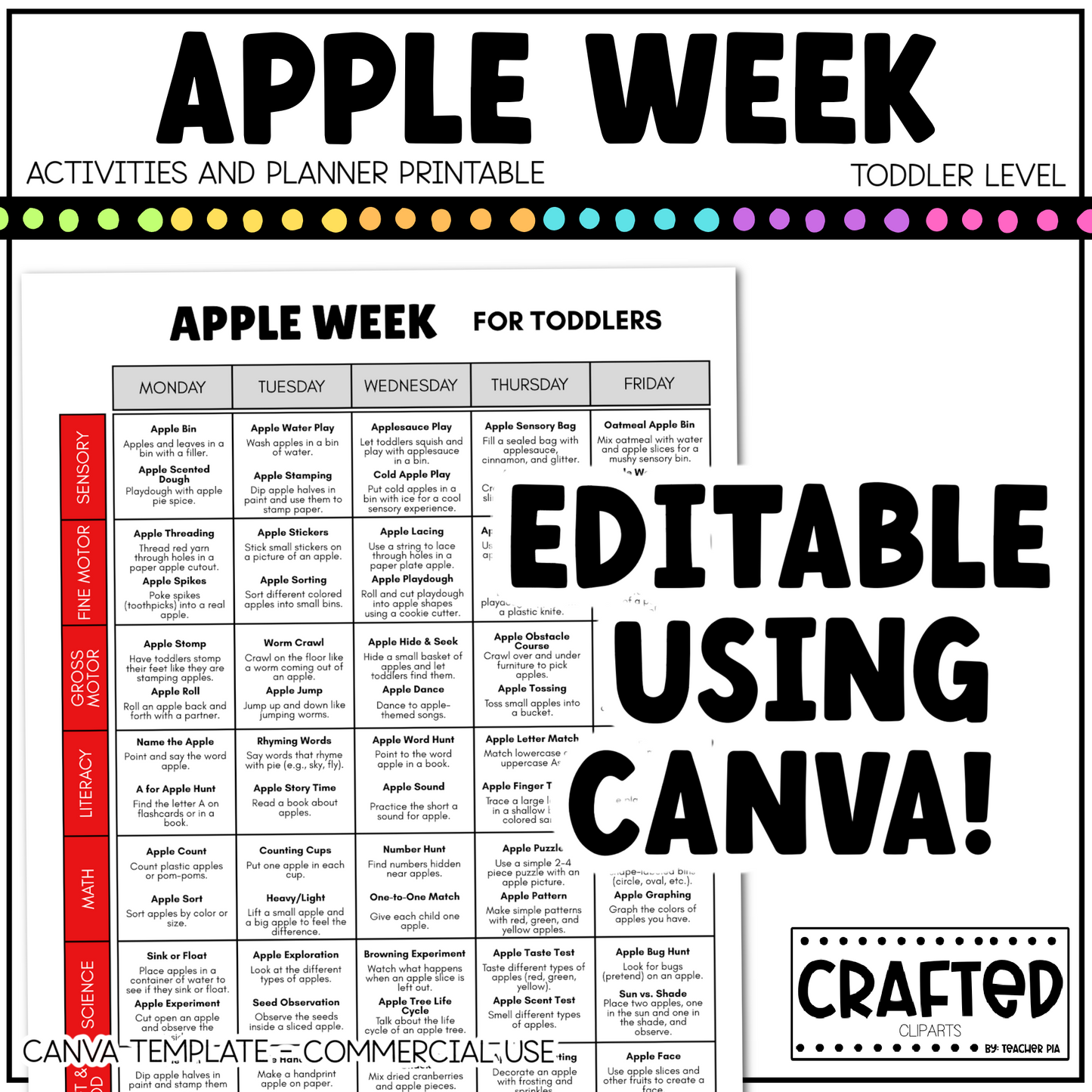 Editable Apple Week Activities and Planner Toddler Canva Template 2-4yo Summer