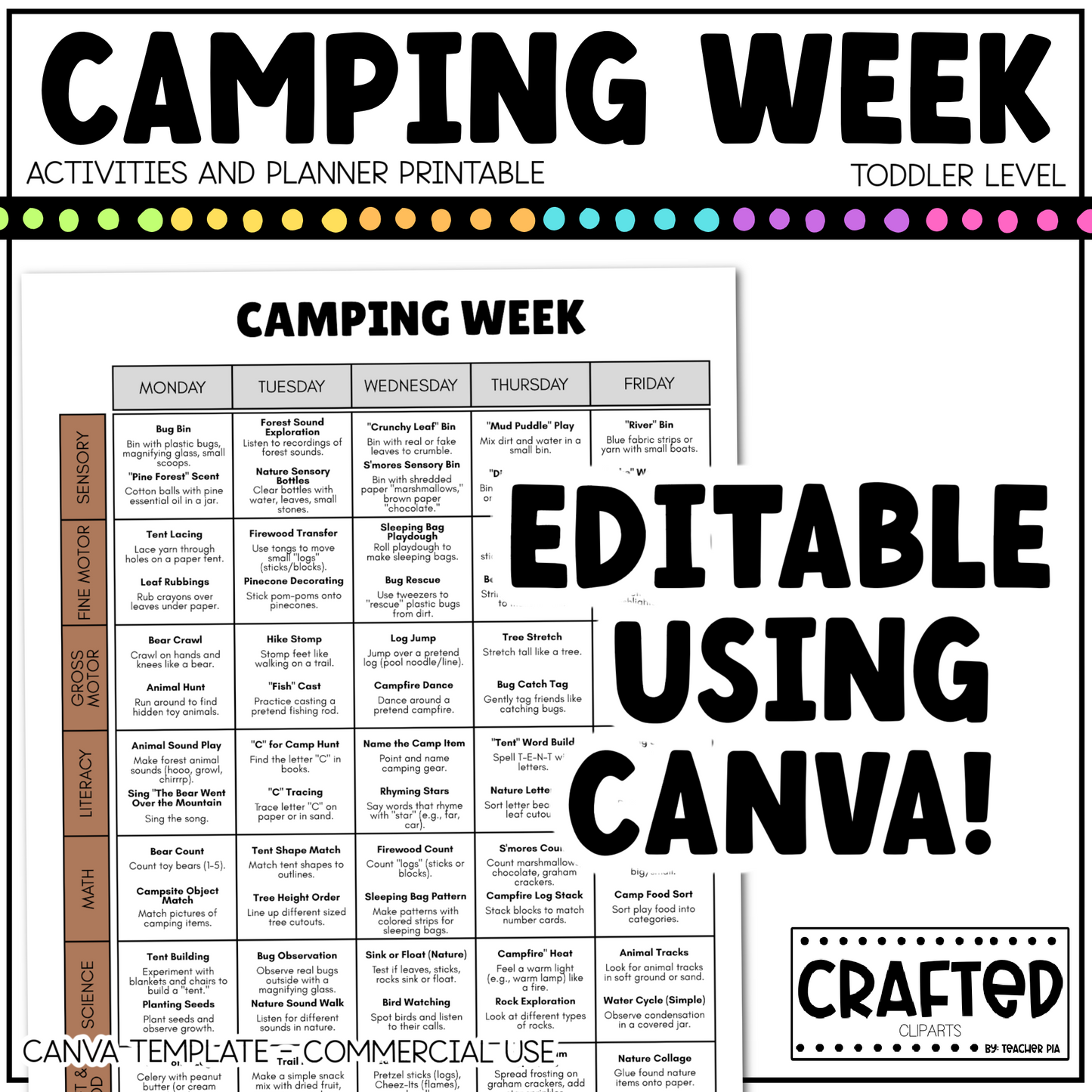 Editable Camping Week Activities and Planner Toddler Canva Template 2-4yo Summer