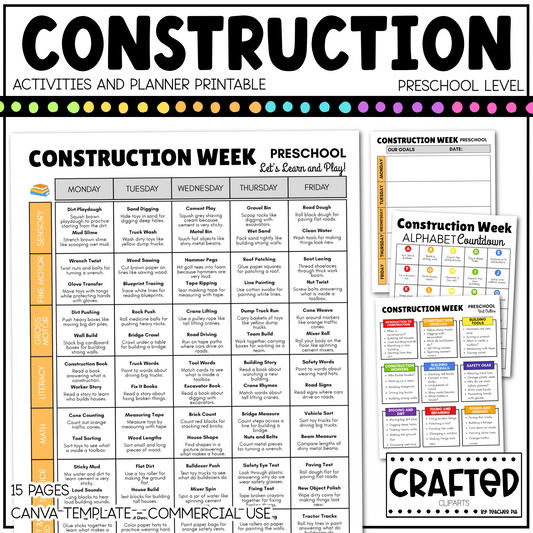 Editable Construction Week Activities and Planner Preschool Canva Template