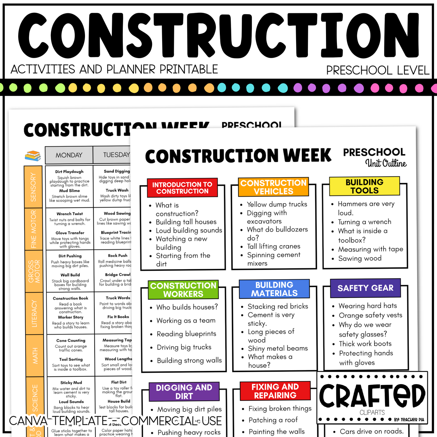 Editable Construction Week Activities and Planner Preschool Canva Template
