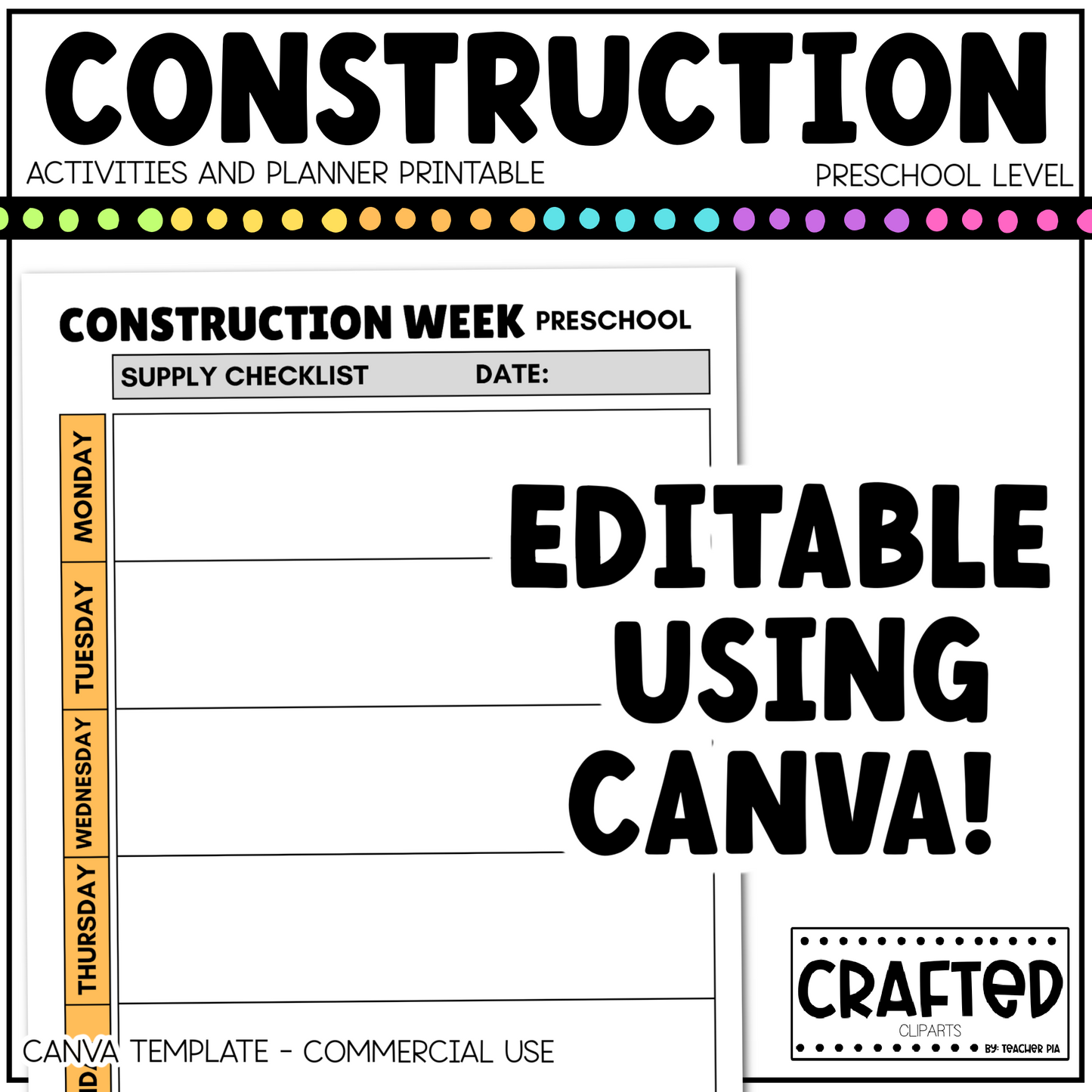 Editable Construction Week Activities and Planner Preschool Canva Template
