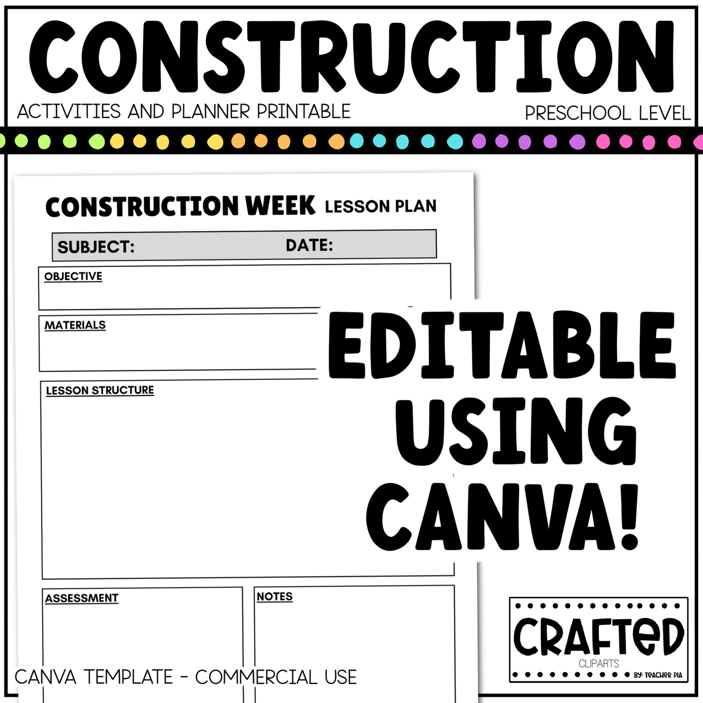 Editable Construction Week Activities and Planner Preschool Canva Template