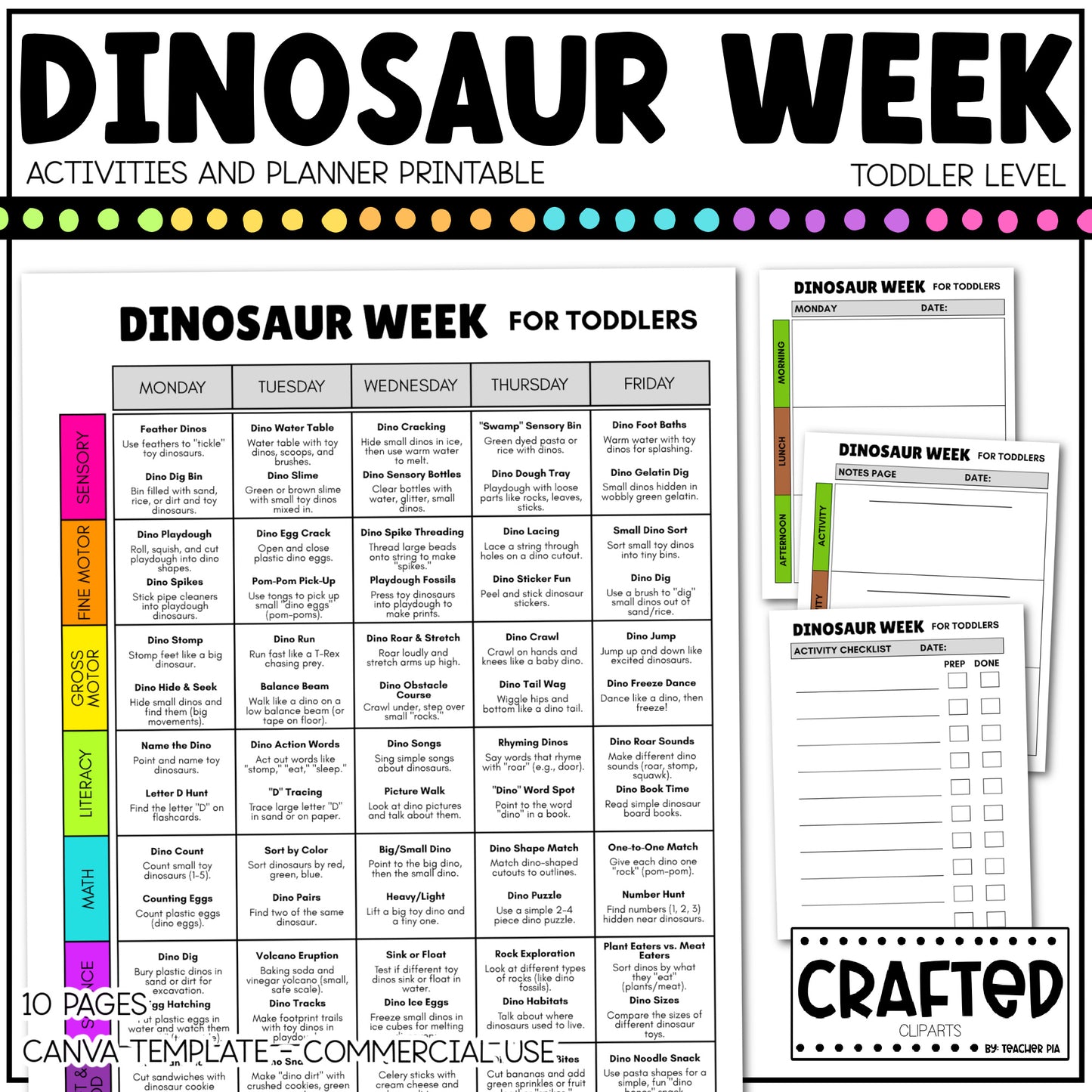 Editable Dinosaur Week Activities and Planner Toddler Canva Template 2-4yo