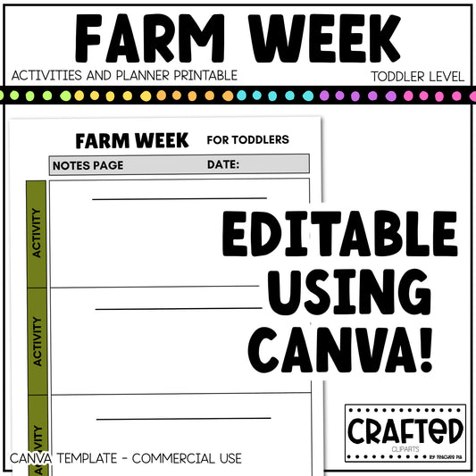 Editable Farm Week Activities and Planner Toddler Canva Template 2-4yo Summer