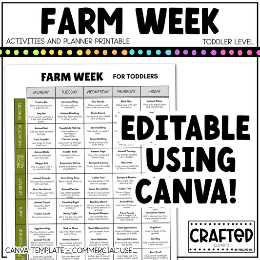 Editable Farm Week Activities and Planner Toddler Canva Template 2-4yo Summer