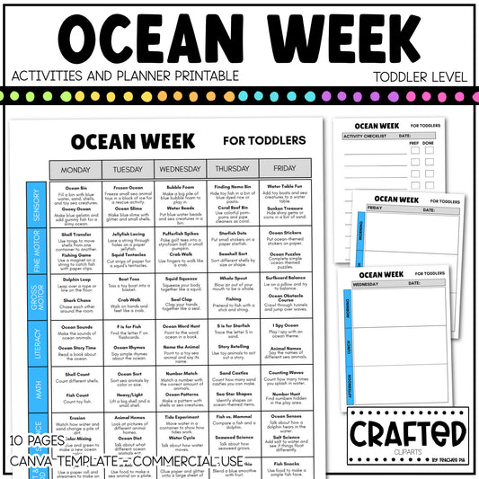 Editable Ocean Week Play Activities and Planner Toddler Canva Template 2-4yo