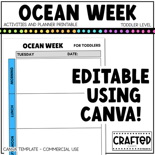 Editable Ocean Week Play Activities and Planner Toddler Canva Template 2-4yo