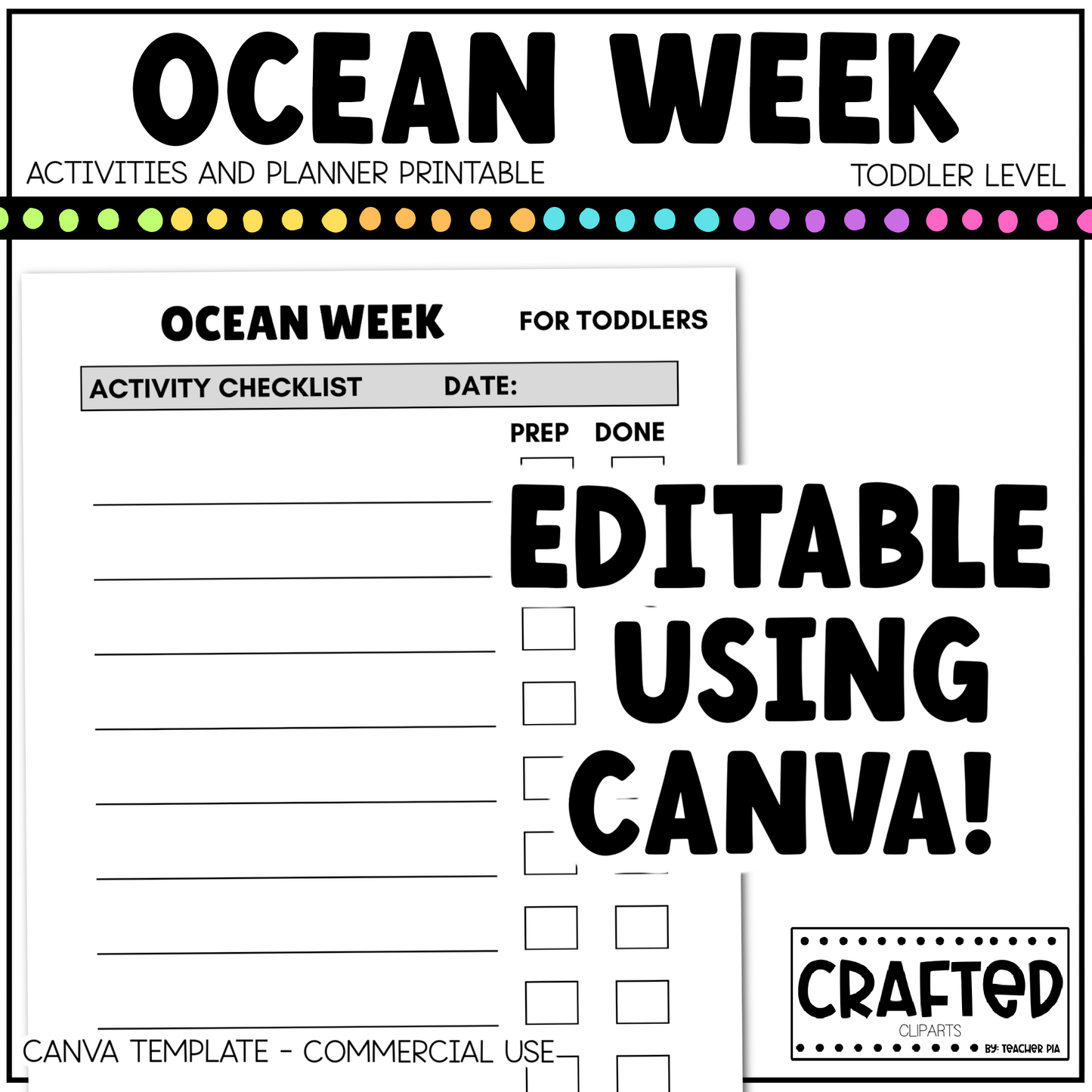 Editable Ocean Week Play Activities and Planner Toddler Canva Template 2-4yo