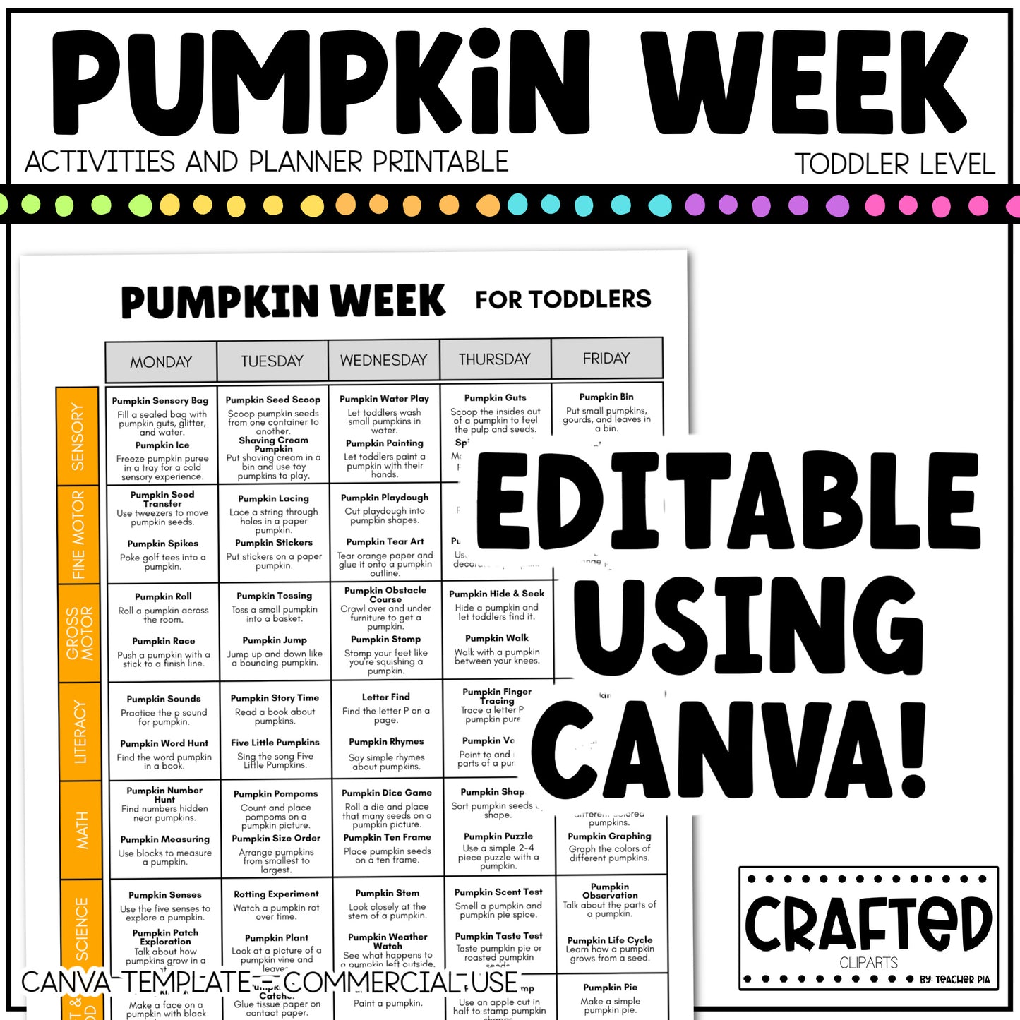 Editable Pumpkin Week Activities and Planner Toddler Canva Template 2-4yo Summer