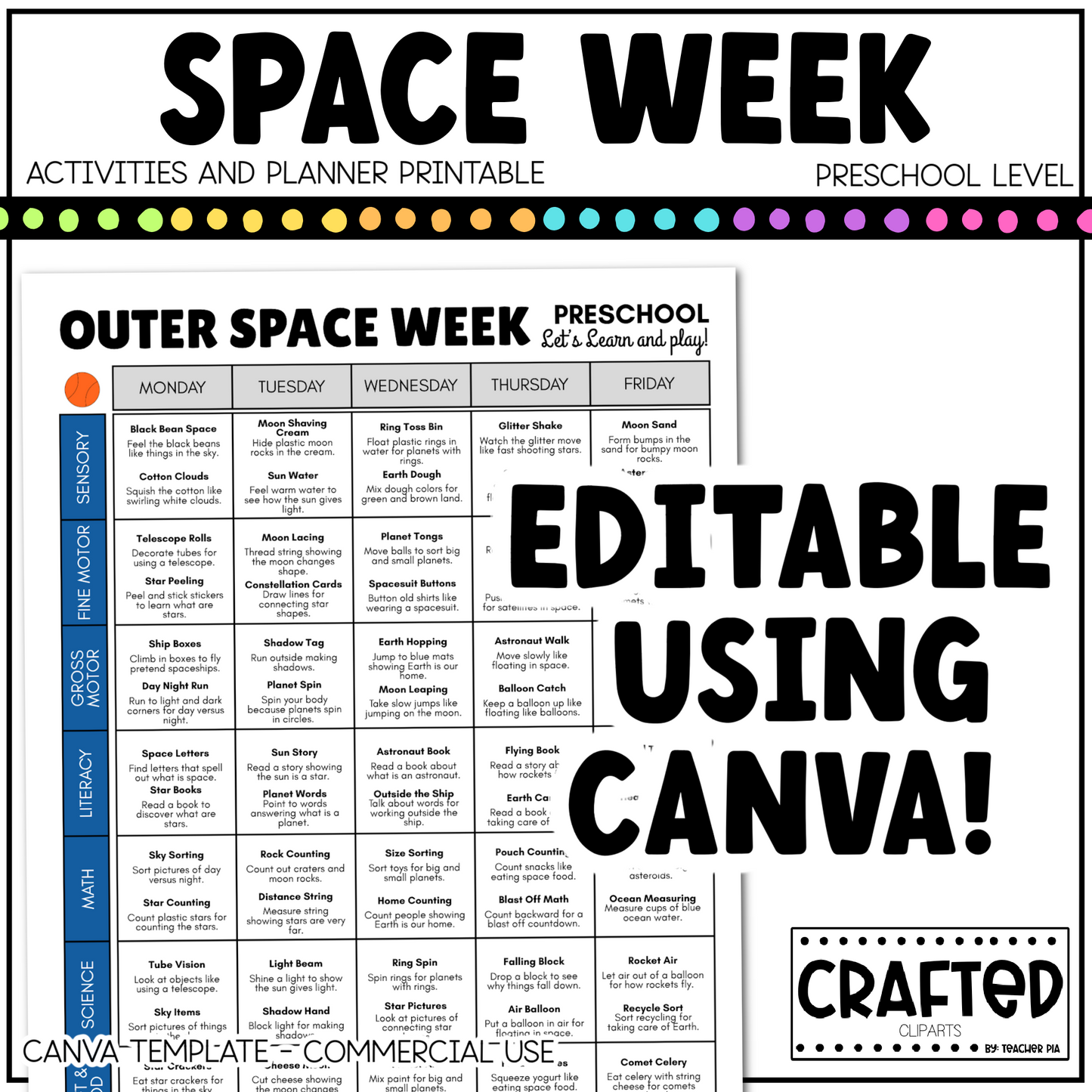 Editable Outer Space Week Activities and Planner Preschool Canva Template