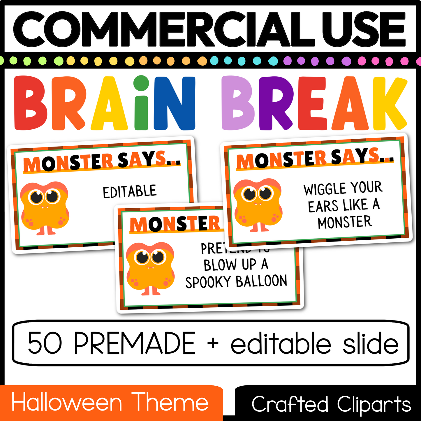 Editable Halloween Monster Says Virtual Brain Break Game Canva Template Slides