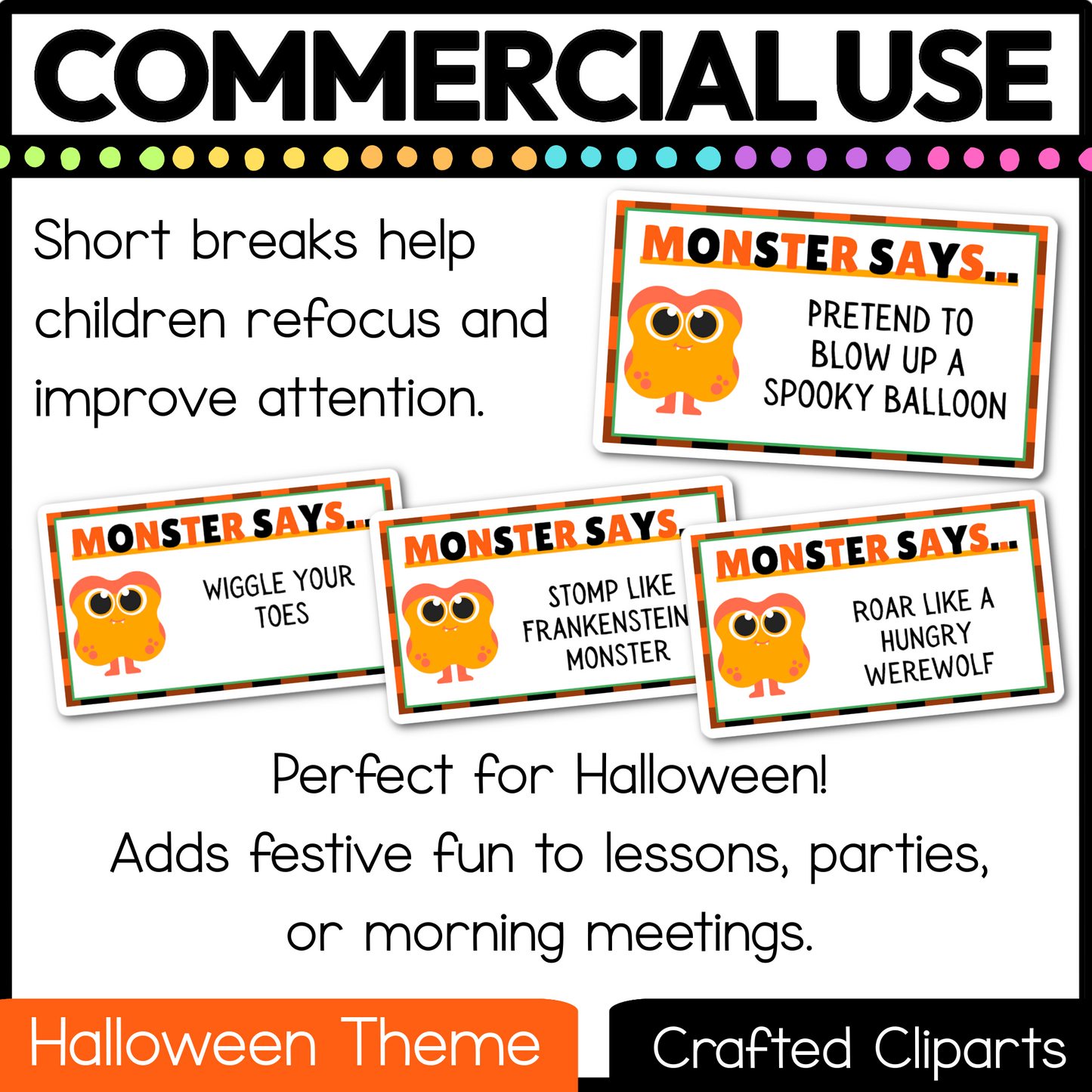 Editable Halloween Monster Says Virtual Brain Break Game Canva Template Slides