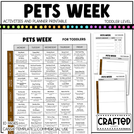 Editable Pets Week Play Activities and Planner Toddler Canva Template 2-4yo