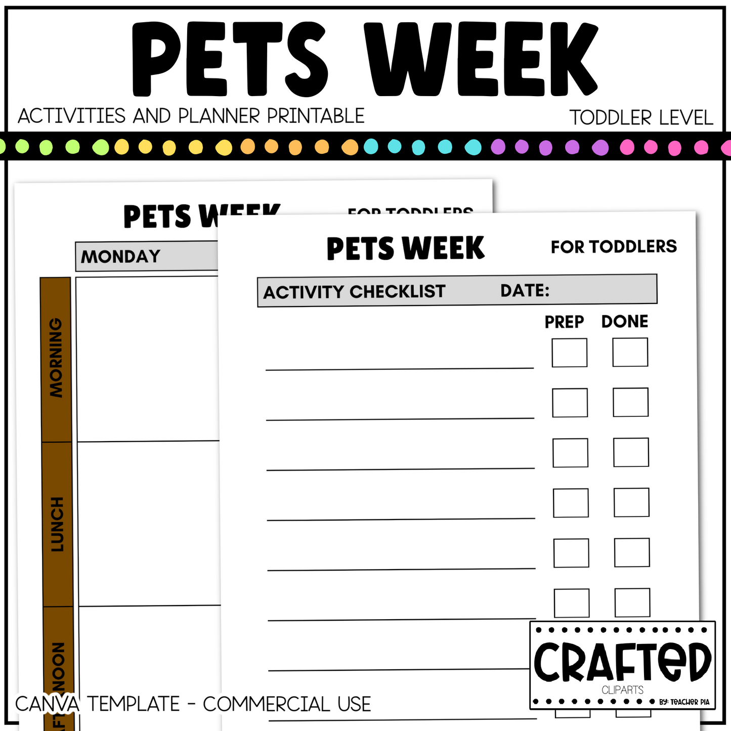 Editable Pets Week Play Activities and Planner Toddler Canva Template 2-4yo
