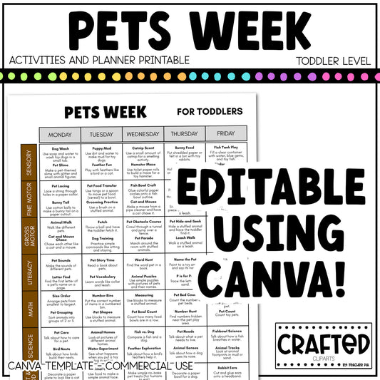 Editable Pets Week Play Activities and Planner Toddler Canva Template 2-4yo