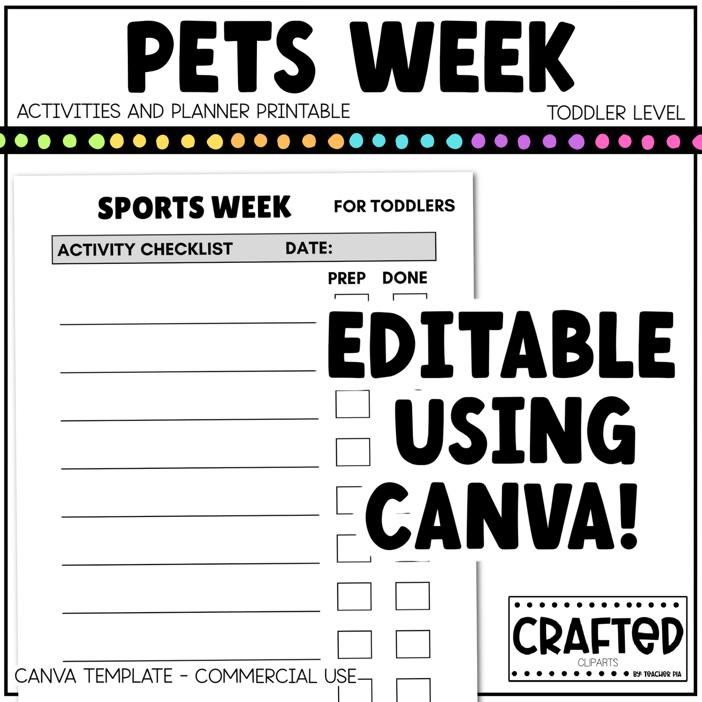 Editable Pets Week Play Activities and Planner Toddler Canva Template 2-4yo