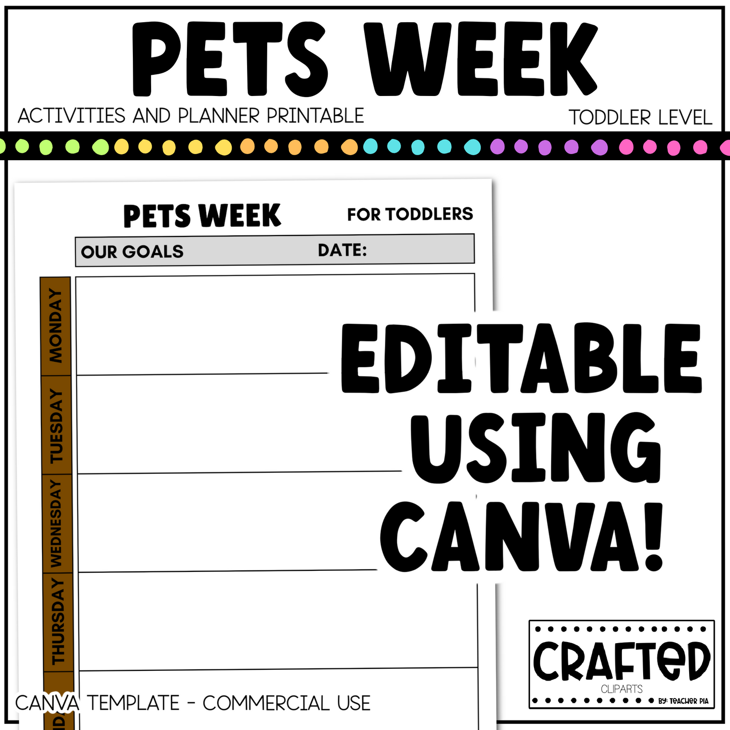 Editable Pets Week Play Activities and Planner Toddler Canva Template 2-4yo