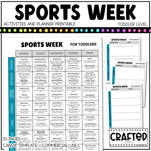 Editable Sports Week Play Activities and Planner Toddler Canva Template 2-4yo