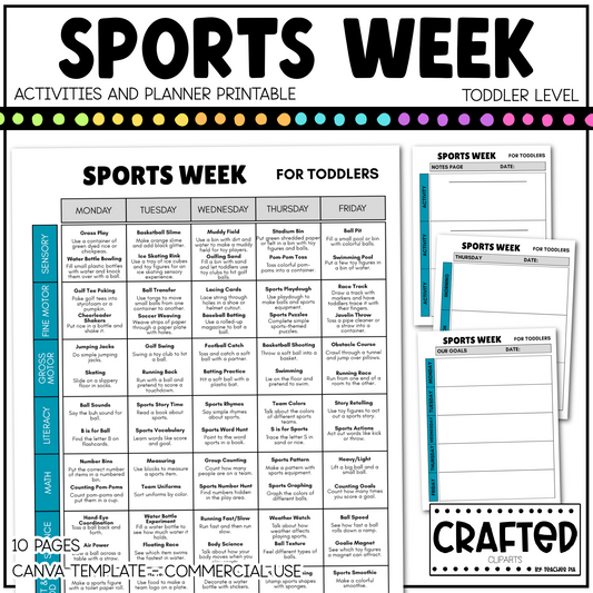 Editable Sports Week Play Activities and Planner Toddler Canva Template 2-4yo