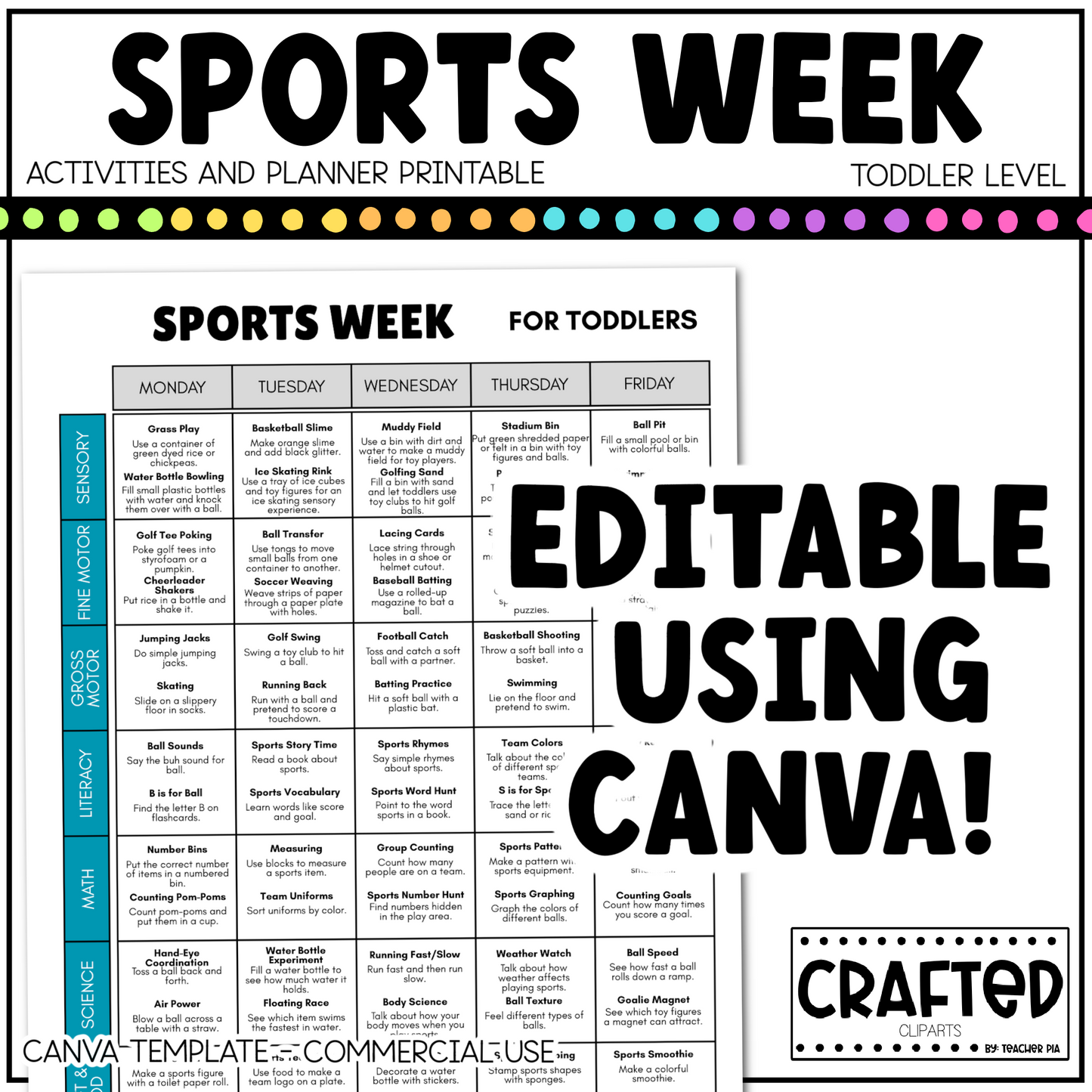 Editable Sports Week Play Activities and Planner Toddler Canva Template 2-4yo