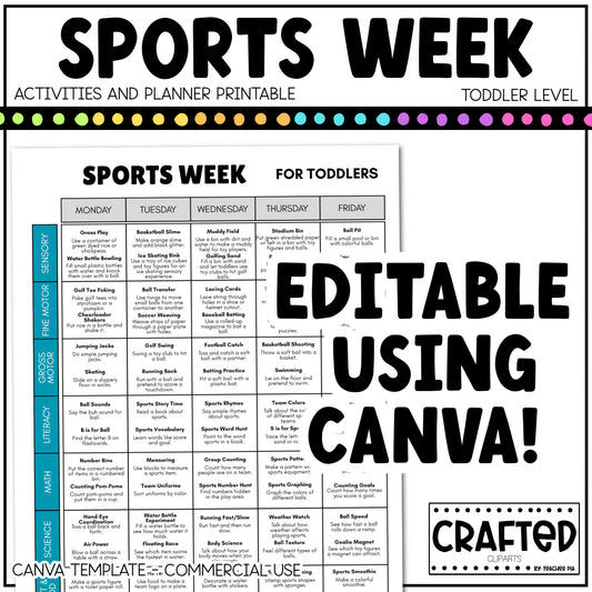 Editable Sports Week Play Activities and Planner Toddler Canva Template 2-4yo
