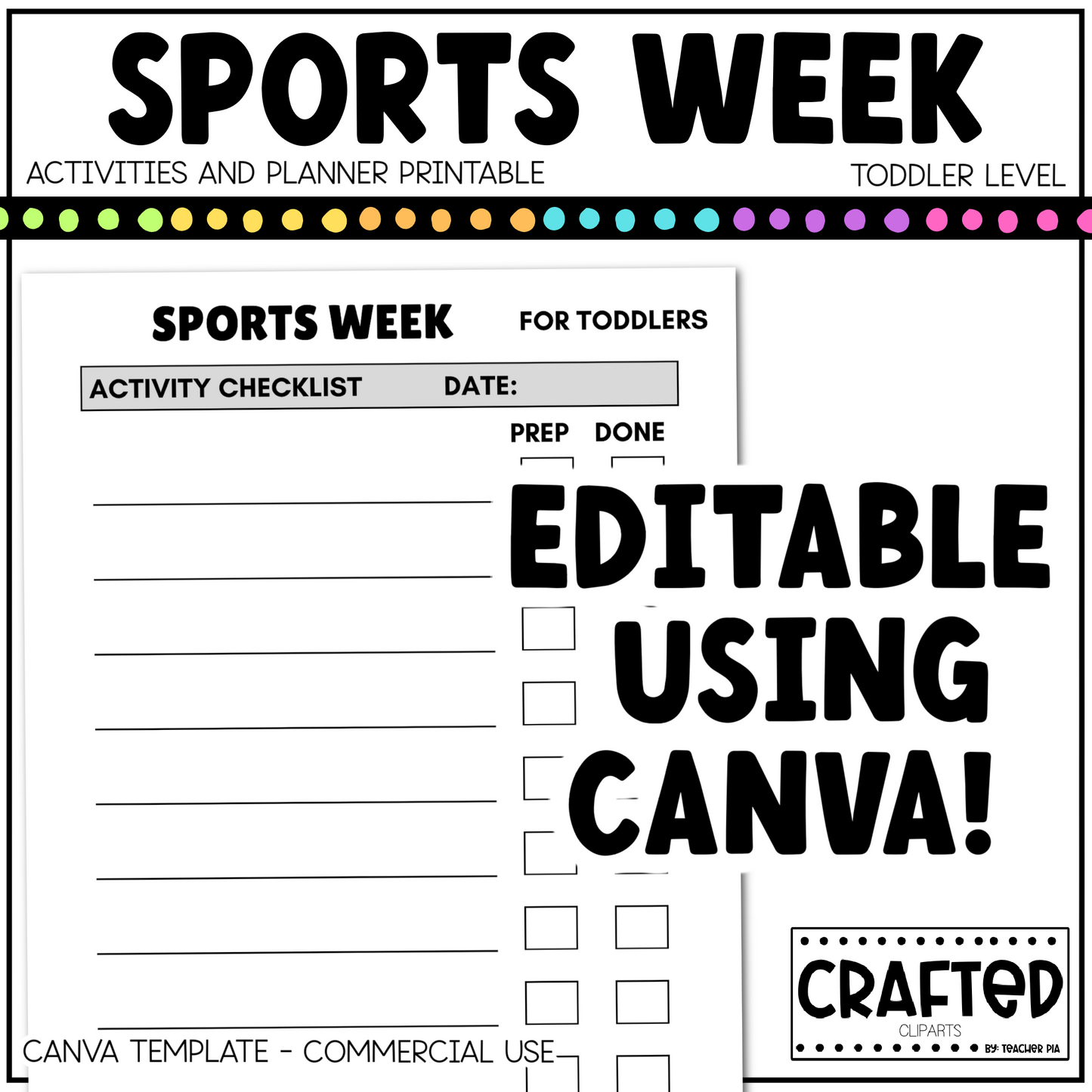 Editable Sports Week Play Activities and Planner Toddler Canva Template 2-4yo
