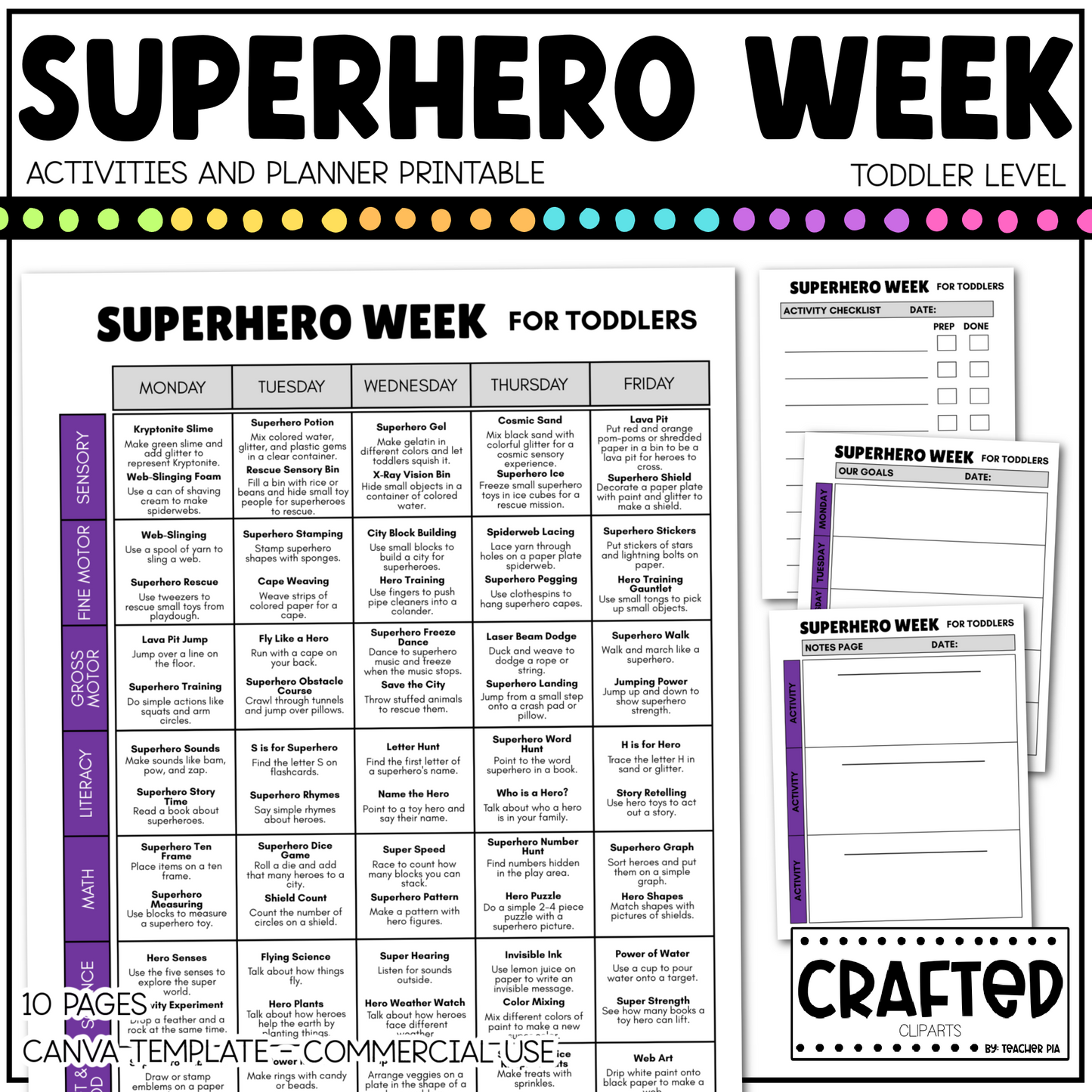 Editable Superhero Week Play Activities and Planner Toddler Canva Template 2-4yo