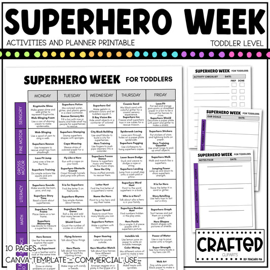 Editable Superhero Week Play Activities and Planner Toddler Canva Template 2-4yo
