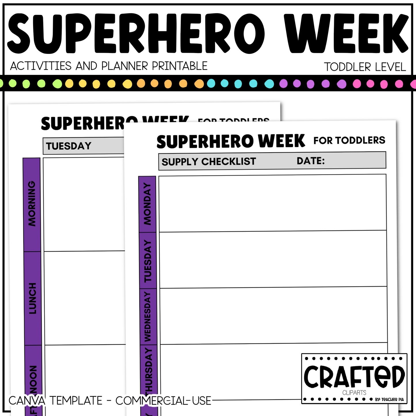 Editable Superhero Week Play Activities and Planner Toddler Canva Template 2-4yo