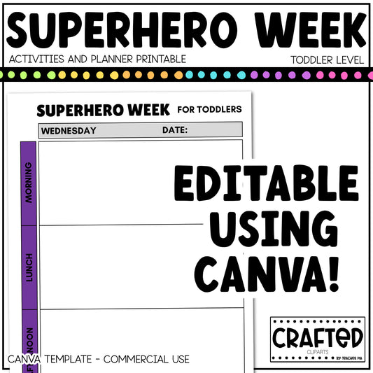 Editable Superhero Week Play Activities and Planner Toddler Canva Template 2-4yo