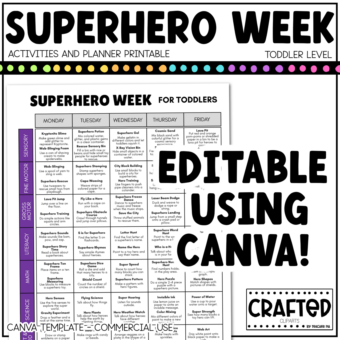 Editable Superhero Week Play Activities and Planner Toddler Canva Template 2-4yo