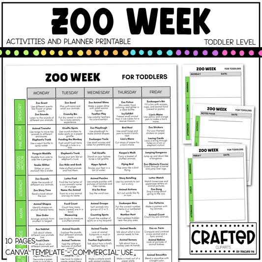 Editable Zoo Week Play Activities and Planner Toddler Canva Template 2-4yo