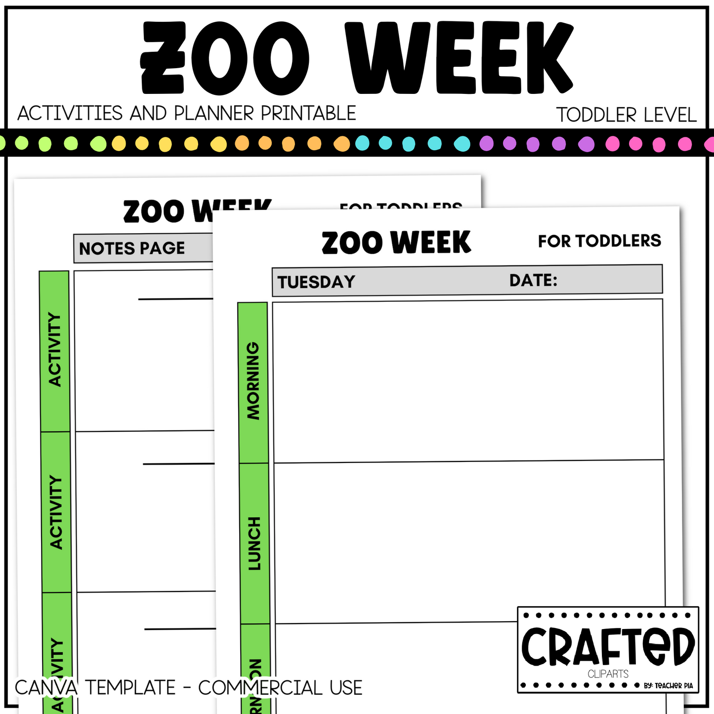 Editable Zoo Week Play Activities and Planner Toddler Canva Template 2-4yo