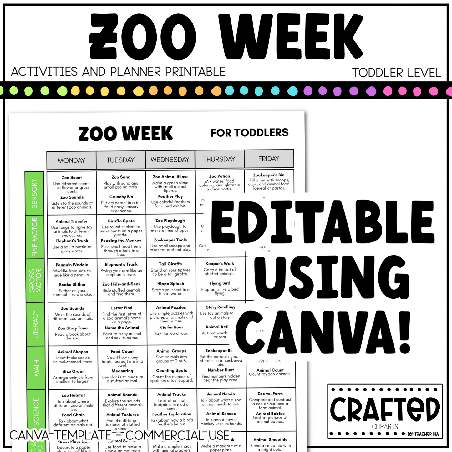 Editable Zoo Week Play Activities and Planner Toddler Canva Template 2-4yo