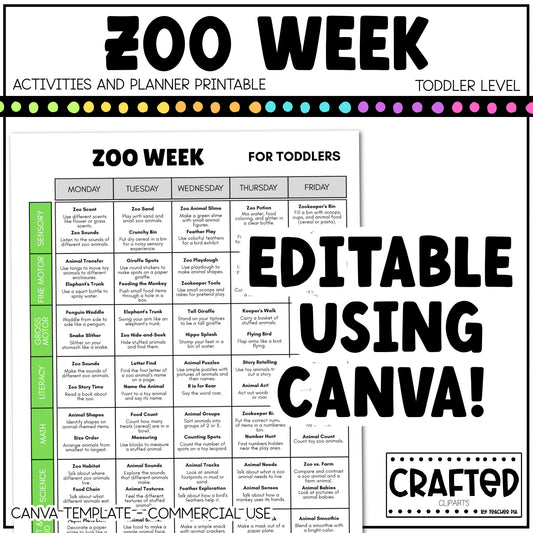 Editable Zoo Week Play Activities and Planner Toddler Canva Template 2-4yo