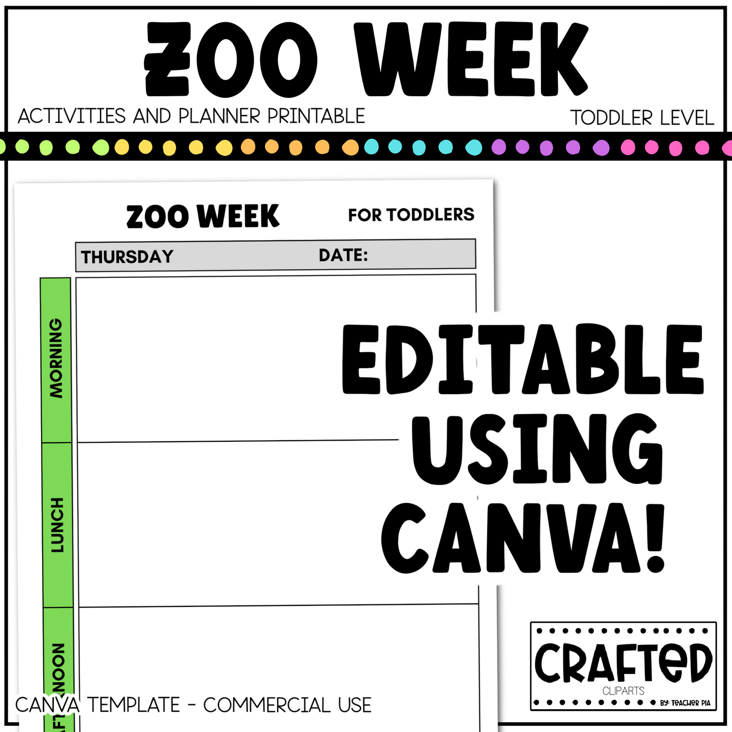 Editable Zoo Week Play Activities and Planner Toddler Canva Template 2-4yo