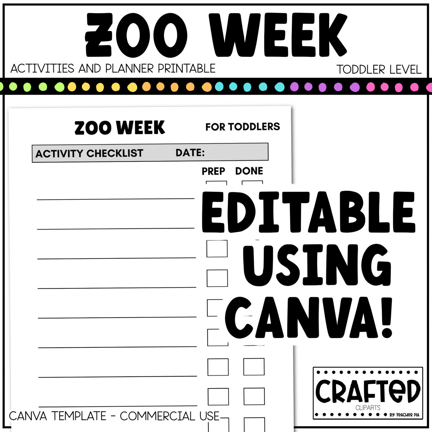 Editable Zoo Week Play Activities and Planner Toddler Canva Template 2-4yo